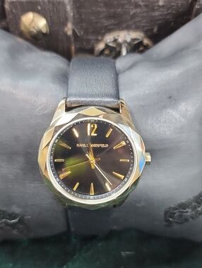 Karl Lagerfeld Optik Gold Faceted Bezel Black Leather Watch KL4002